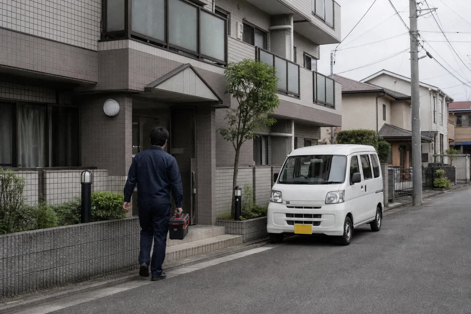 賃貸マンション前で現場確認をする作業スタッフ
