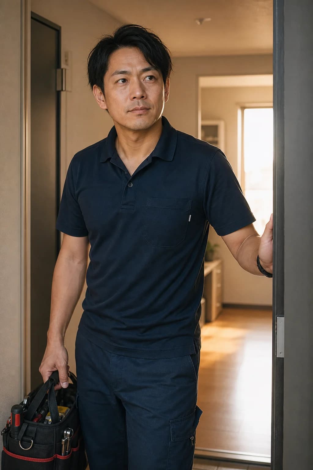 住戸の玄関に到着する作業スタッフ