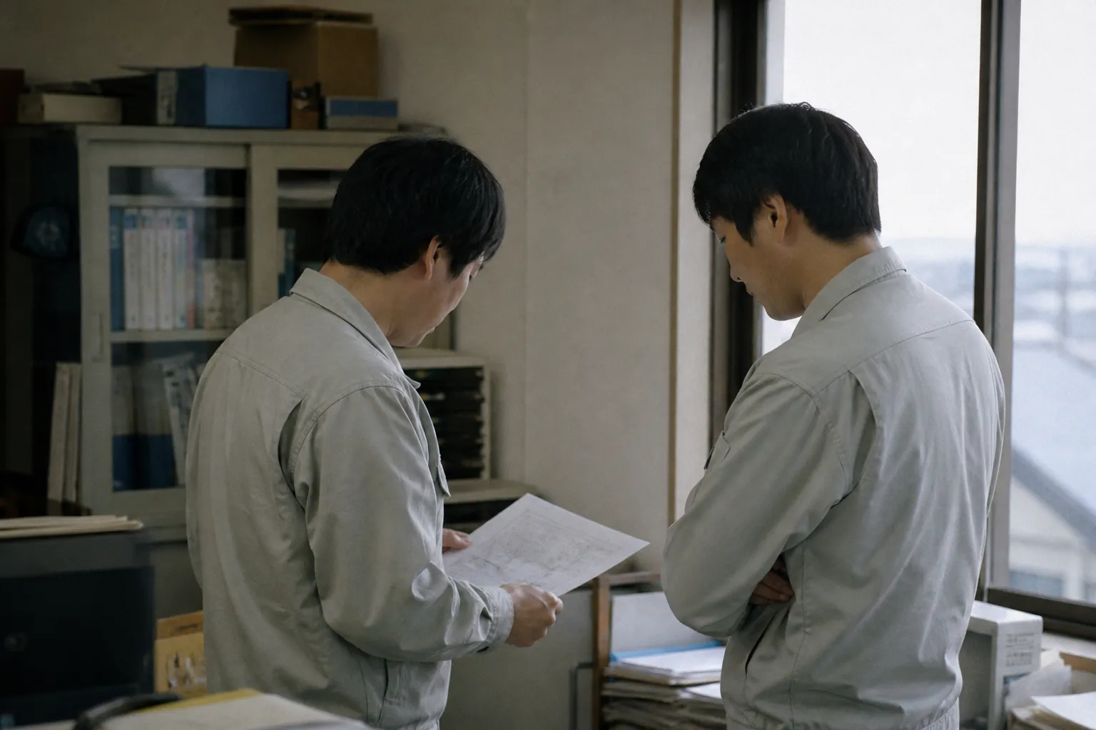 朝礼で打ち合わせをする自社スタッフ