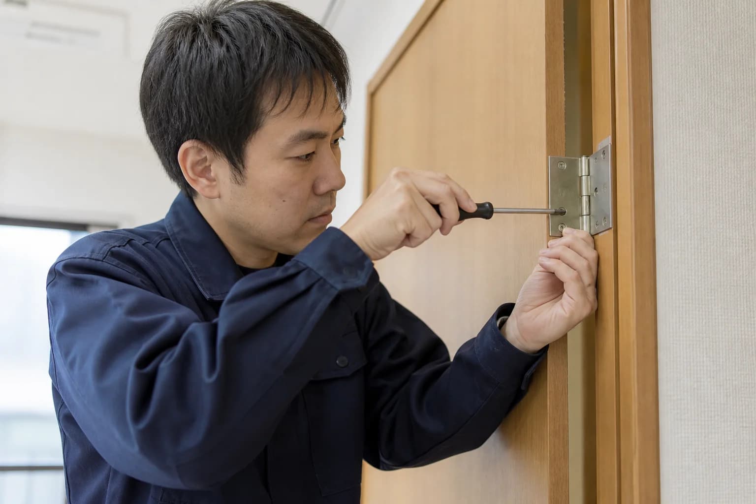 建具を調整する作業スタッフ